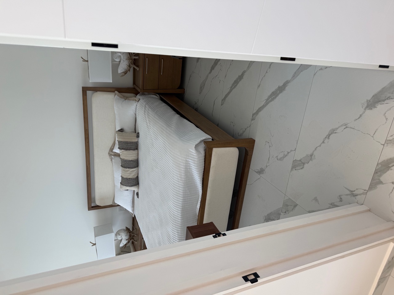 Large-format marble-look tile flooring