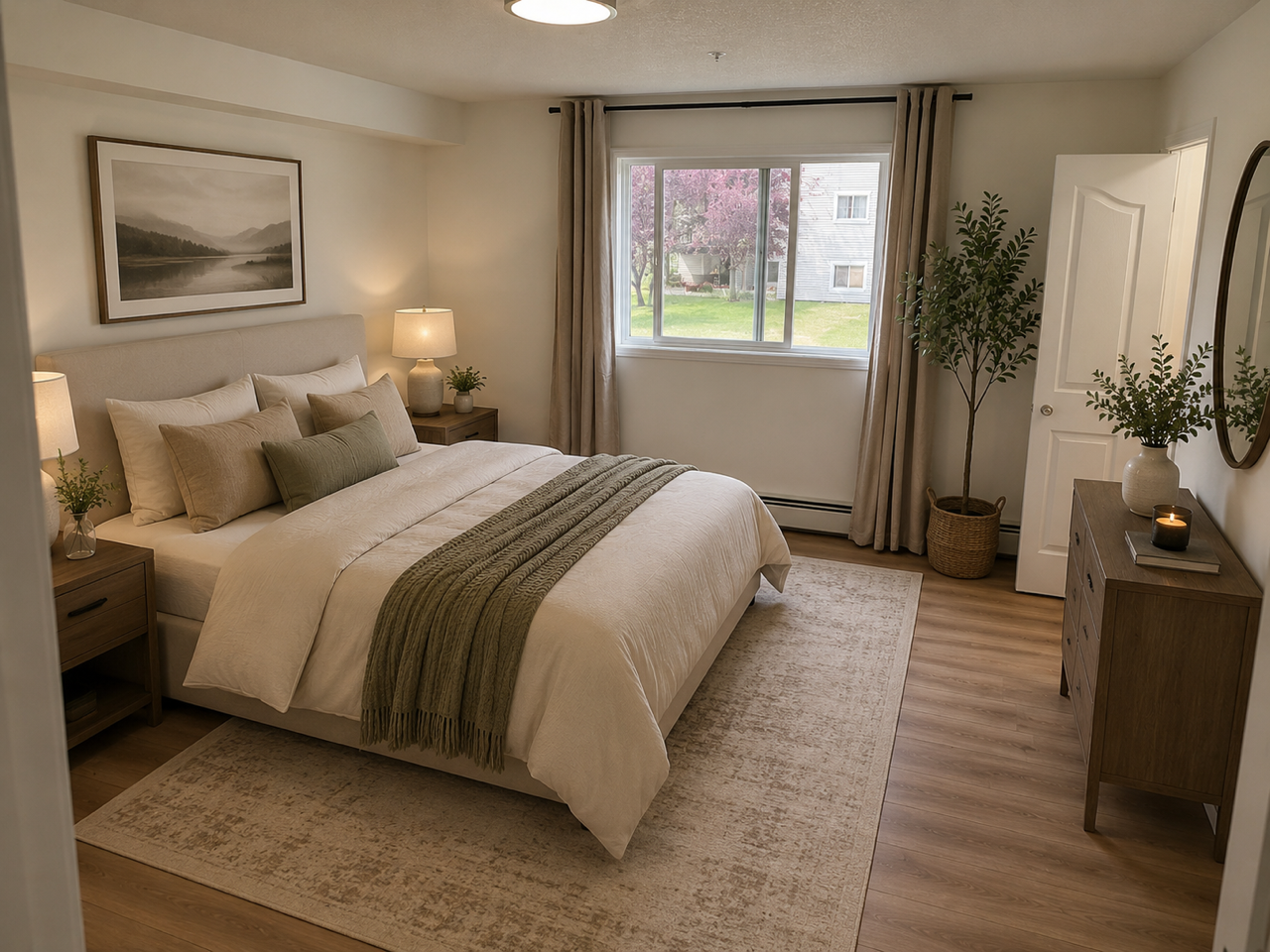 Staged bedroom showing flooring installation