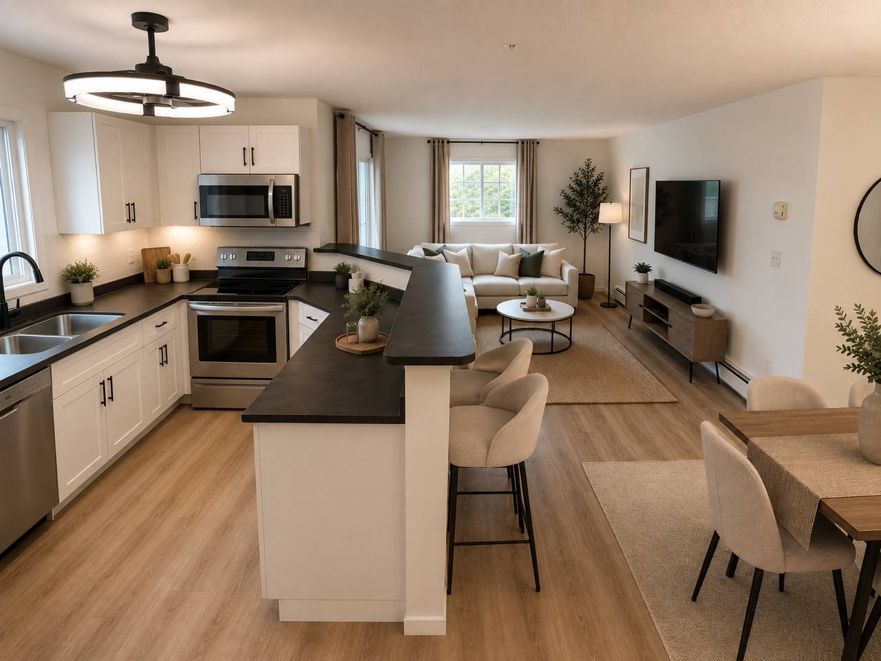 Open concept interior showing recent flooring work