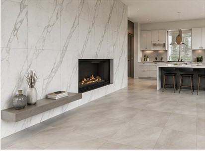 Large-format tile fireplace and kitchen installation